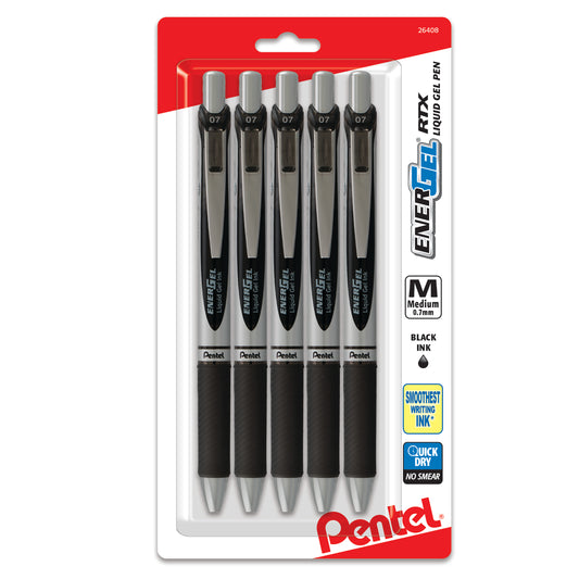 EnerGel RTX Refillable Liquid Gel Pen, 0.7mm, Black Ink 5-pk