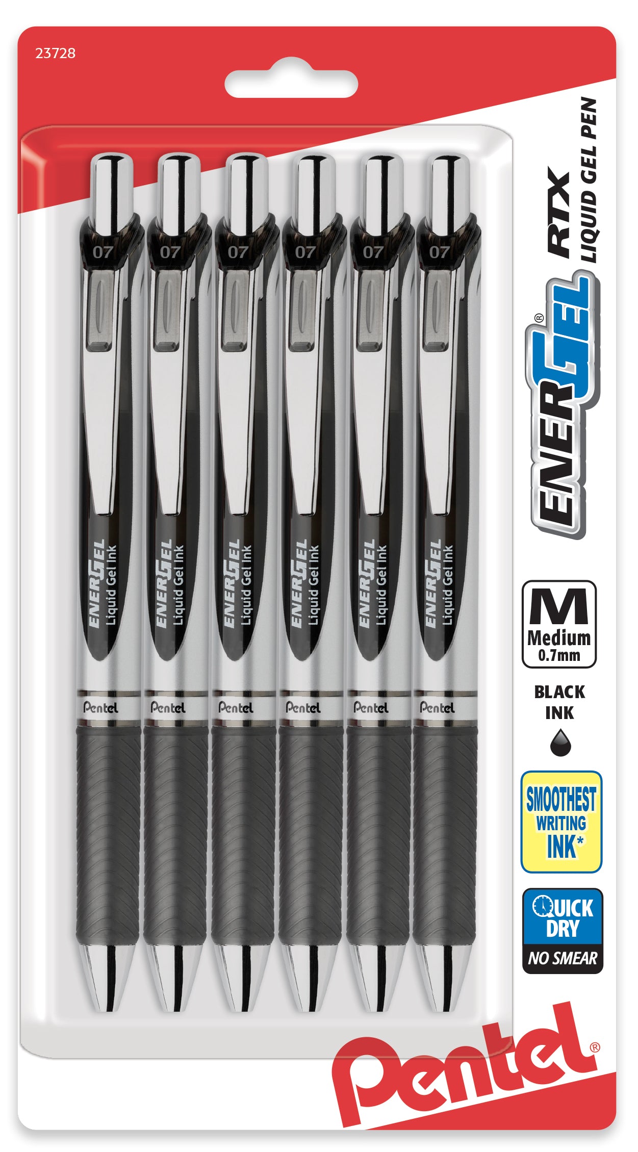 EnerGel RTX Refillable Liquid Gel Pen, 0.7mm, Black Ink 6-pk