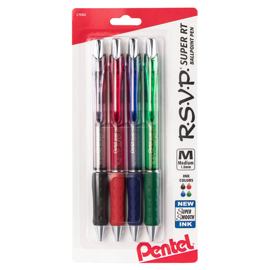 RSVP Super RT Ballpoint Pen, (1.0mm) Medium Line, Assorted Ink (ABCD), 4-Pk