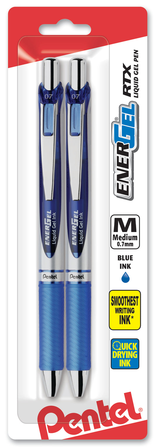 EnerGel RTX Refillable Liquid Gel Pen, 0.7mm, Blue Ink 2-pk