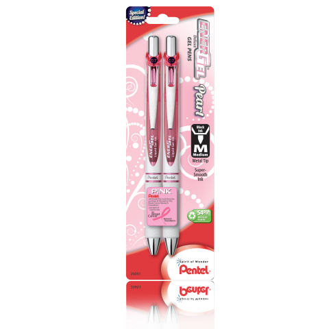 EnerGel Pearl Gel Pen with Pink Ribbon - Pink Ink 2-pk