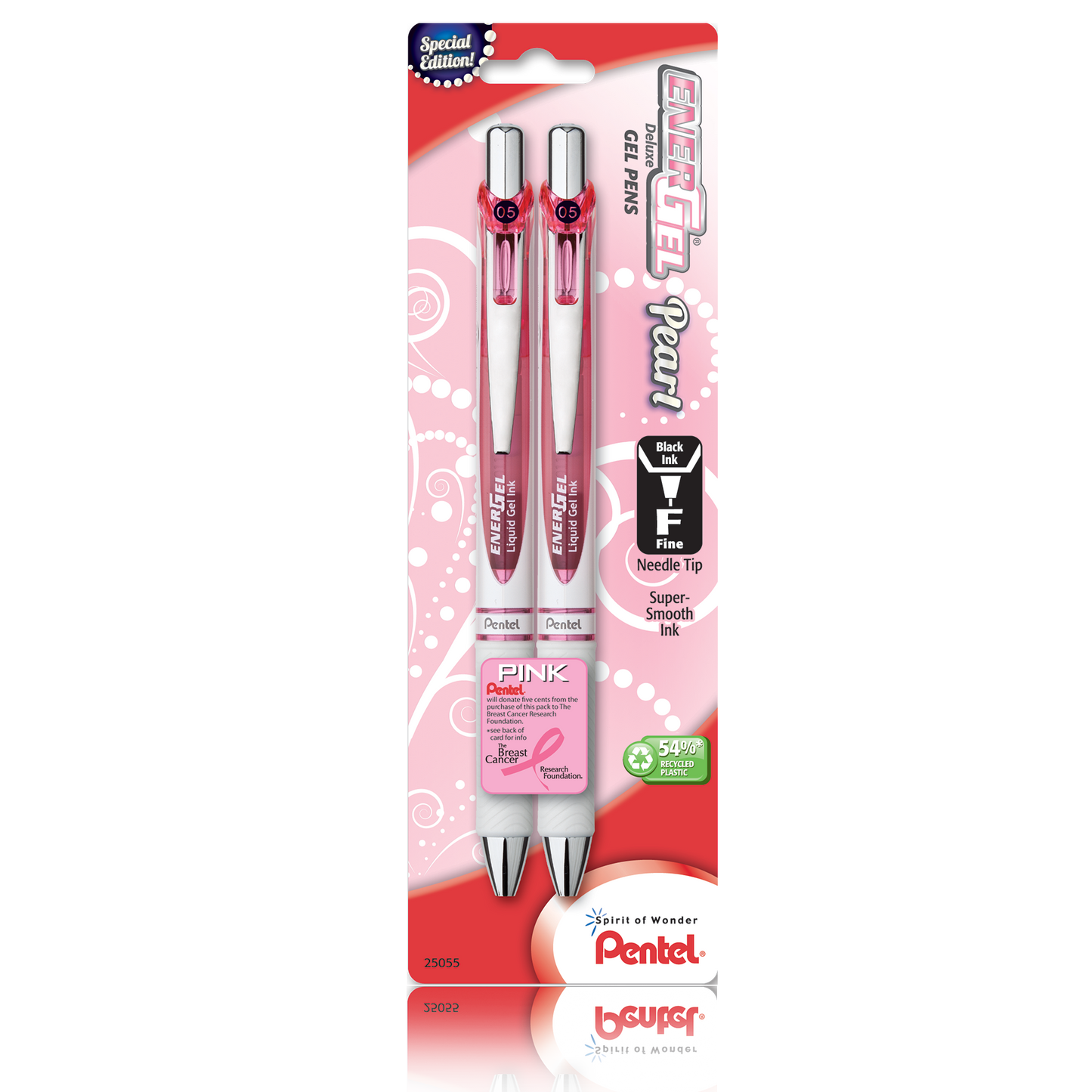 EnerGel Pearl Refillable Gel Pen with Pink Ribbon - Black Ink 2-pk