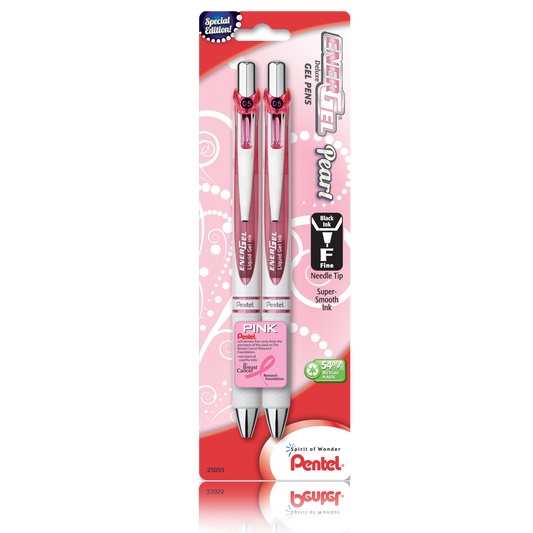 EnerGel Pearl Refillable Gel Pen with Pink Ribbon - Black Ink 2-pk