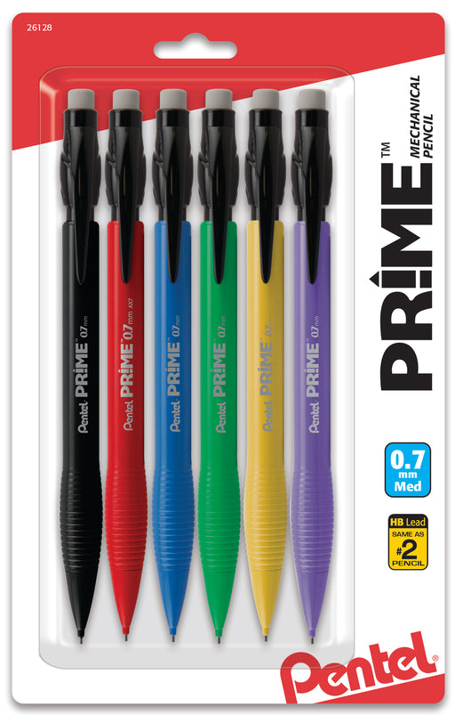 PRIME Mechanical Pencil (0.7mm) Assorted Barrel Colors (A/B/C/D/G/V), 6-Pk