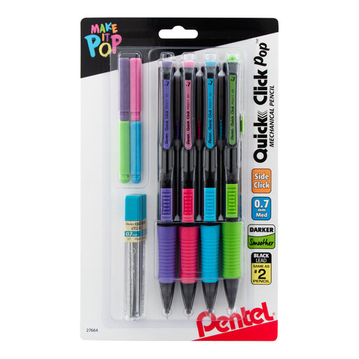 QUICK CLICK Pop Mechanical Pencil, (0.7mm) with 2B Lead and Eraser Refills, 4-pk