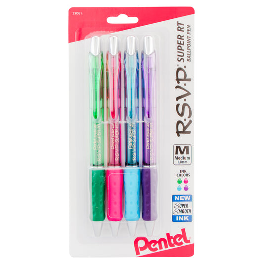 RSVP Super RT Ballpoint Pen, (1.0mm) Medium Line, Assorted Ink (DPSV), 4-Pk