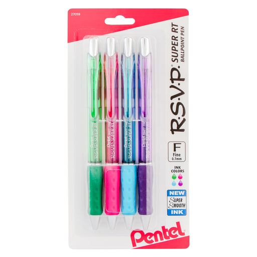 RSVP Super RT Ballpoint Pen, (0.7mm) Fine Line, Assorted Ink, (DPSV), 4-Pk