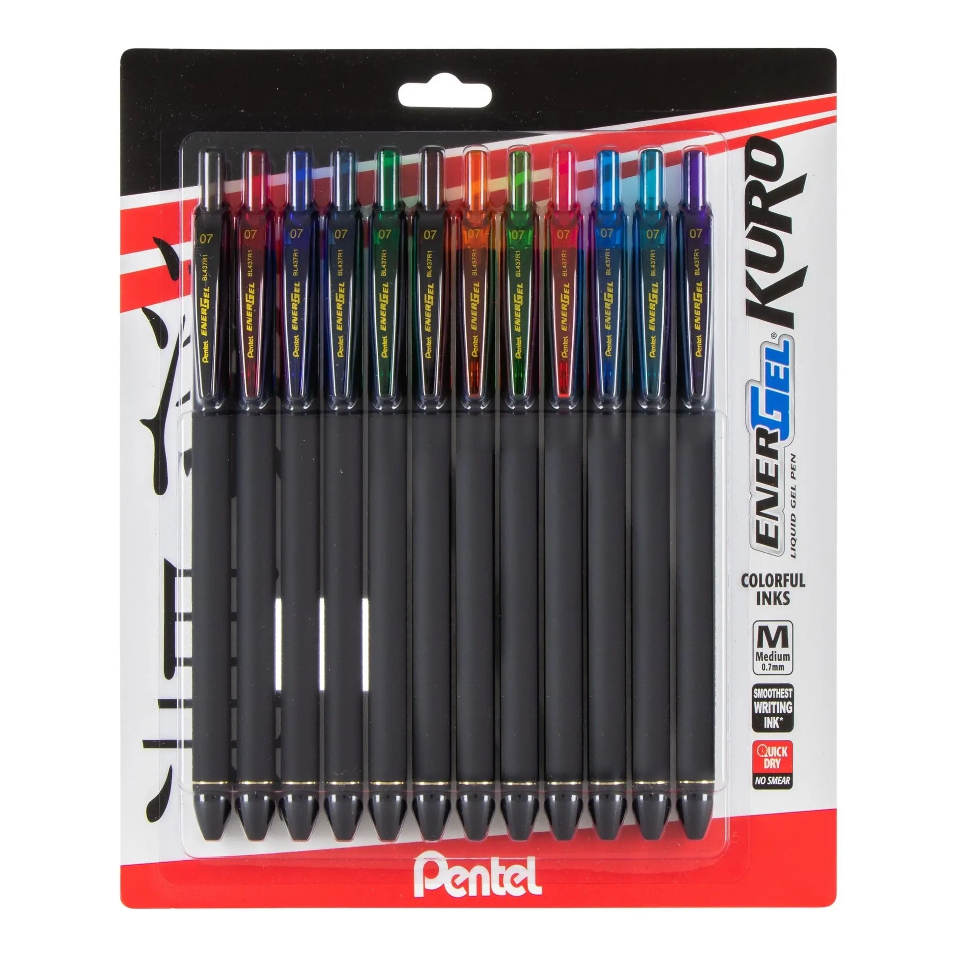 EnerGel Kuro Liquid Gel Pen, (0.7mm) Medium line, Assorted Ink 12 - pk - Pentel of America, Ltd.
