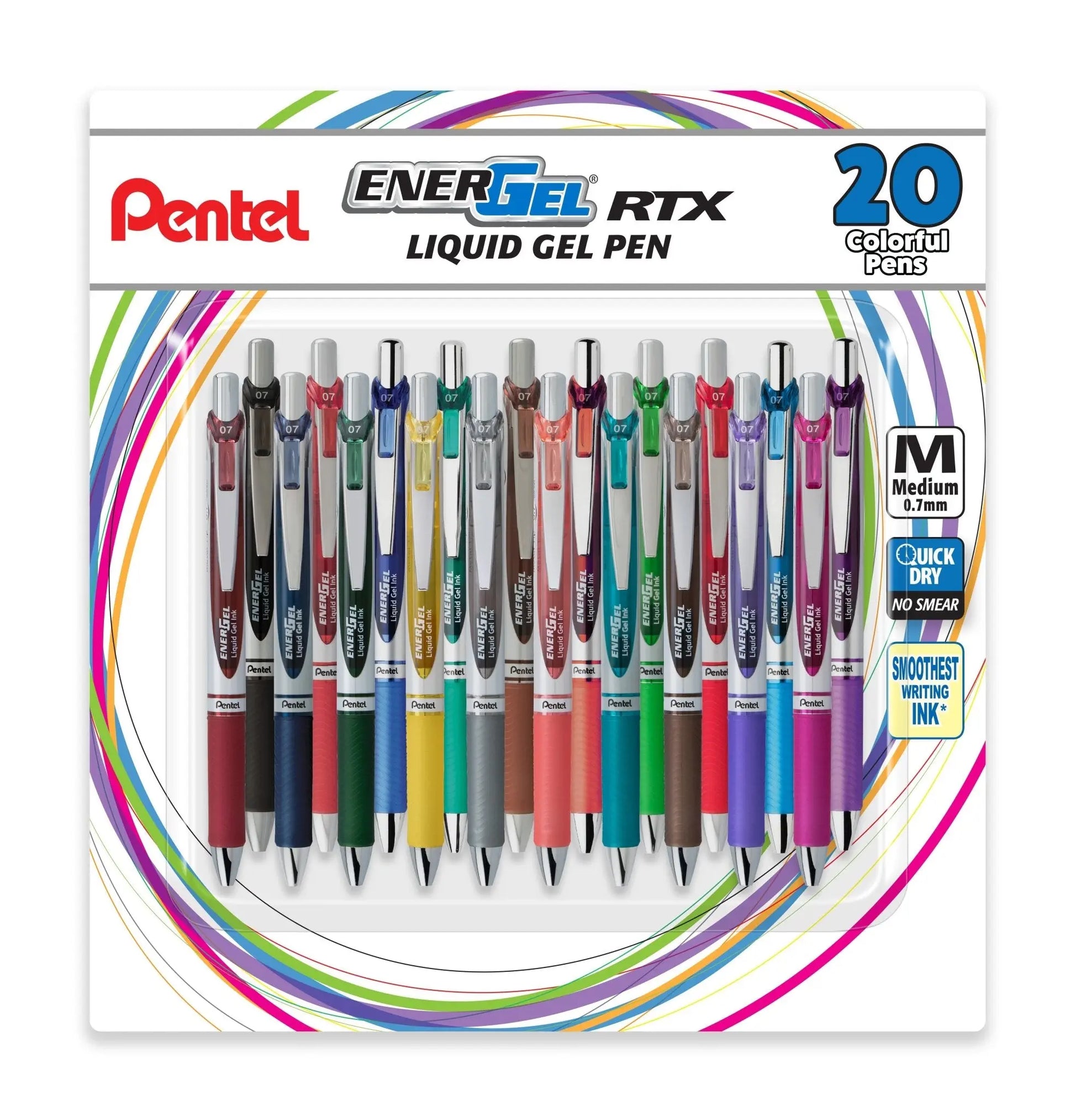 EnerGel RTX Refillable Liquid Gel Pen Assorted Colors 20-pk