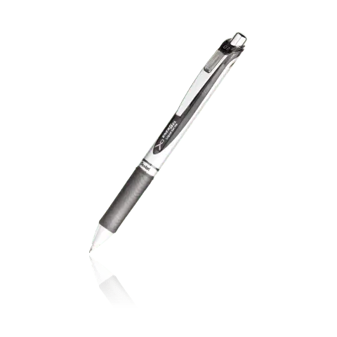 Retractable gray and silver gel pen with pink ribbon design on the clip, featuring a comfortable grip for smooth, precise writing.