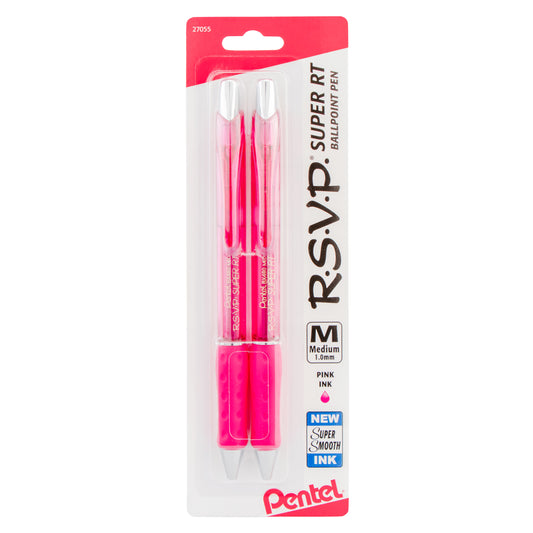 RSVP Super RT Ballpoint Pen, (1.0mm) Medium Line, Pink Ink, 2-Pk