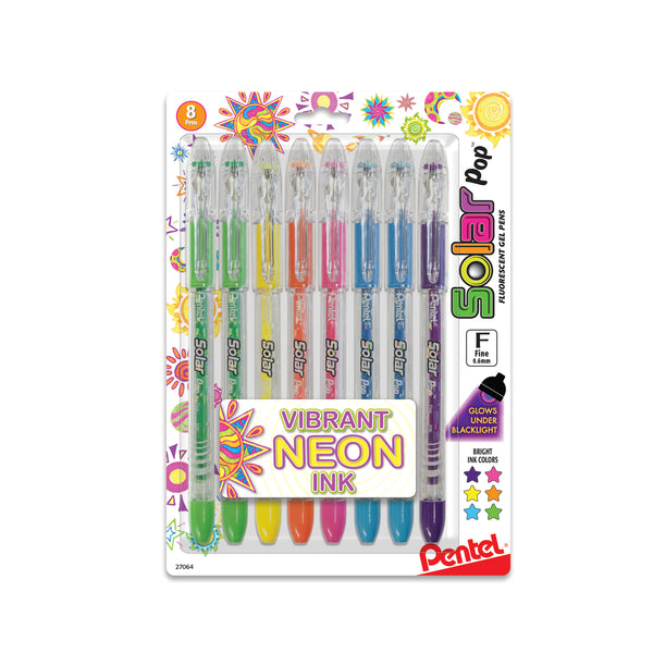 Pentel Arts Solar Pop Neon Gel Pen, 0.6mm, Asstd Colors, 8 per Pack