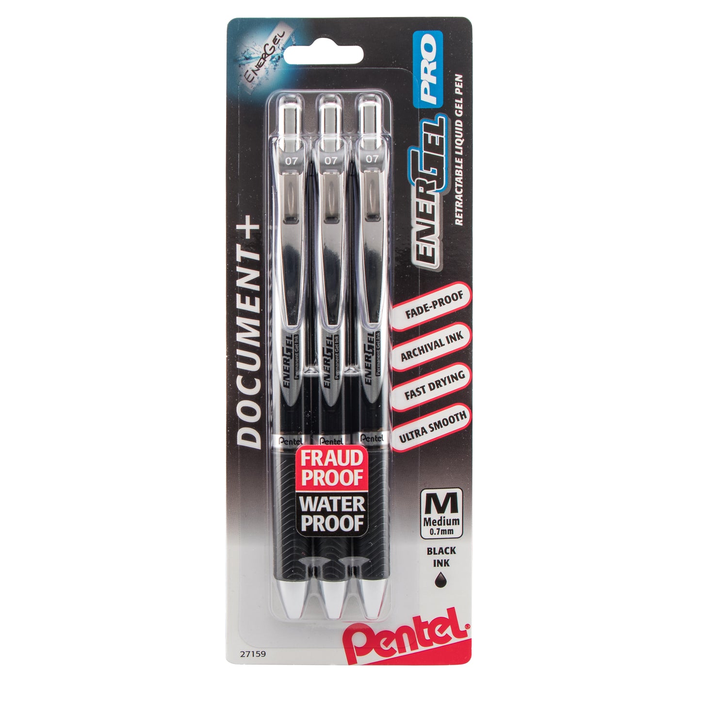 EnerGel PRO Permanent Gel Pen, (0.7mm) Medium Line, Black Ink, 3-Pk