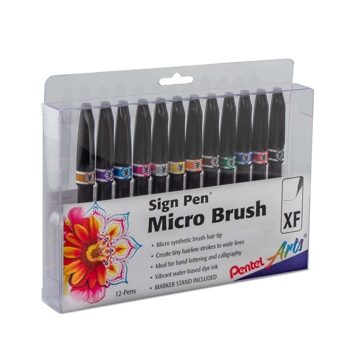 Pentel Arts Sign Pen Micro Brush Tip, Assorted Colors 12-pk