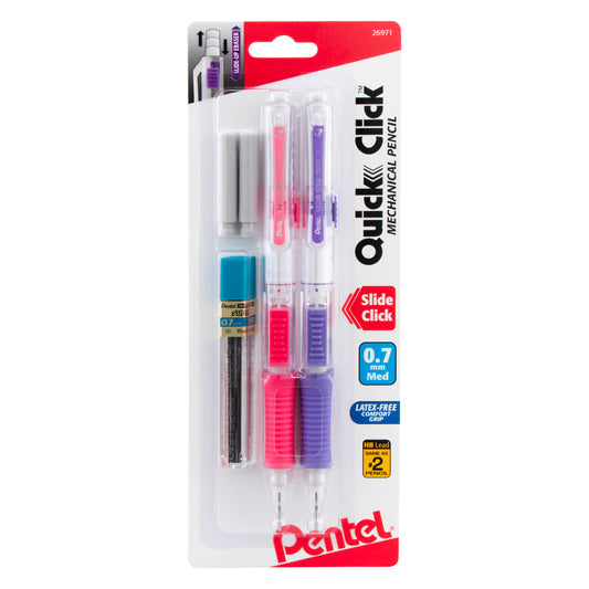 QUICK CLICK Mechanical Pencil (0.7mm) with Lead and (2) Eraser Refills, 2-Pk