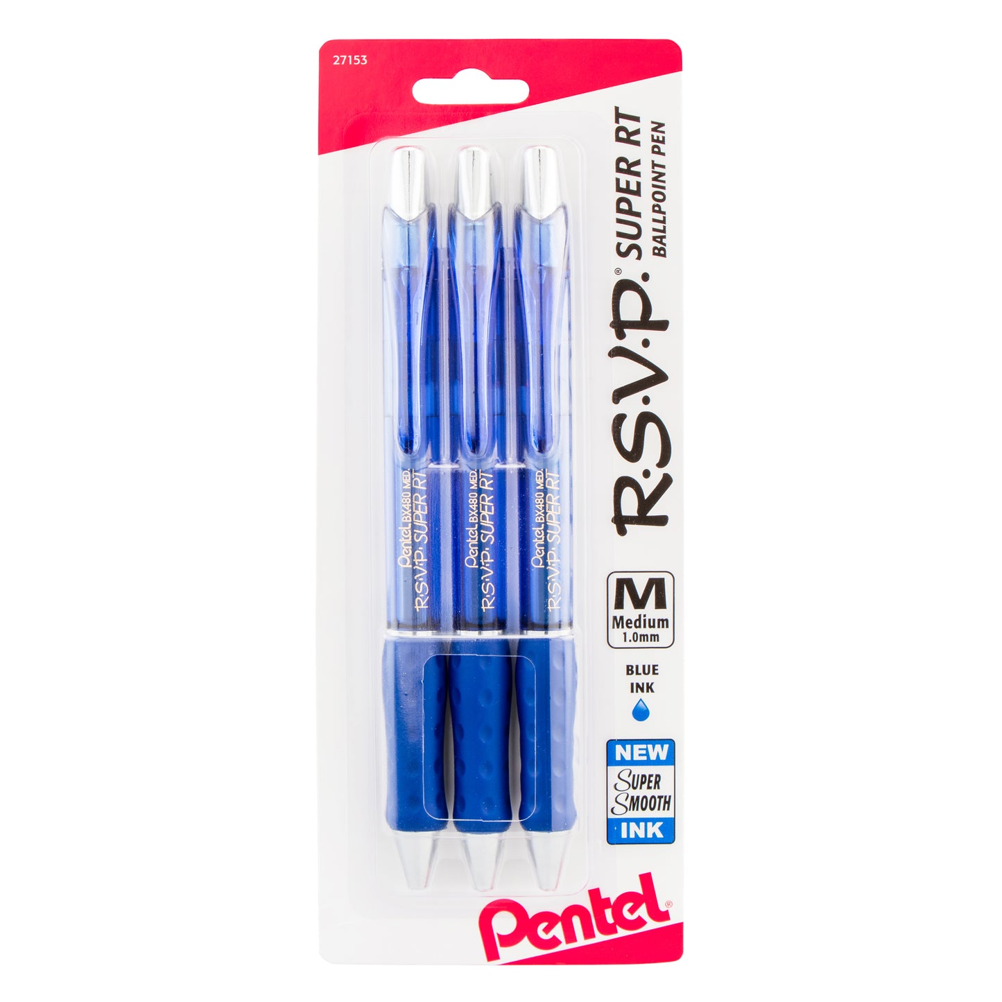 RSVP Super RT Ballpoint Pen, (1.0mm) Medium Line, Blue Ink, 3-Pk