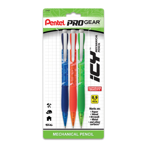 Pentel ProGear Icy Mechanical Pencil, (0.9mm) Thick Line, Assorted Barrels (C/F/K), 3-pk