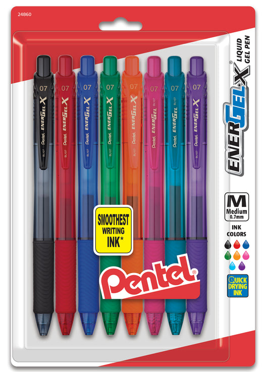 EnerGel®- X™ RollerGel Pen Medium Line, Metal Tip - Assorted 8 Pack