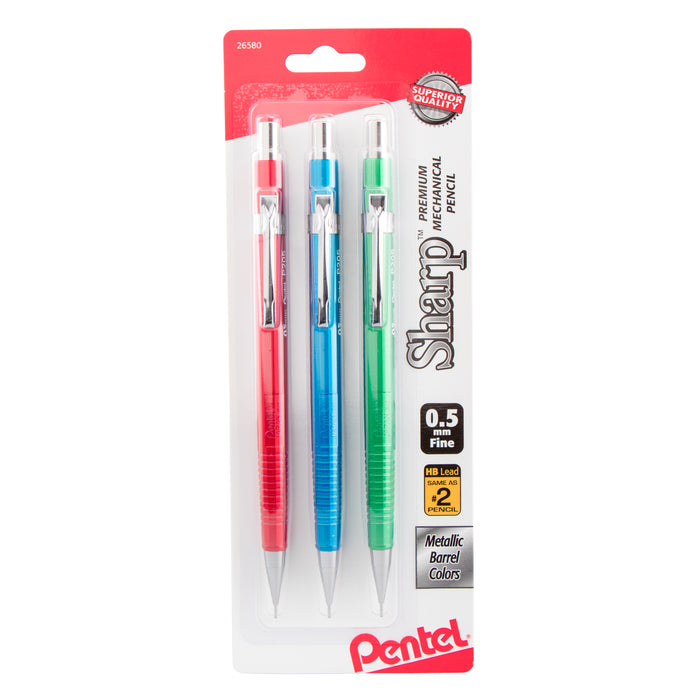 Sharp Mechanical Pencil, (0.5mm), Metallic Barrels, Assorted Colors (B/C/D), 3-Pk