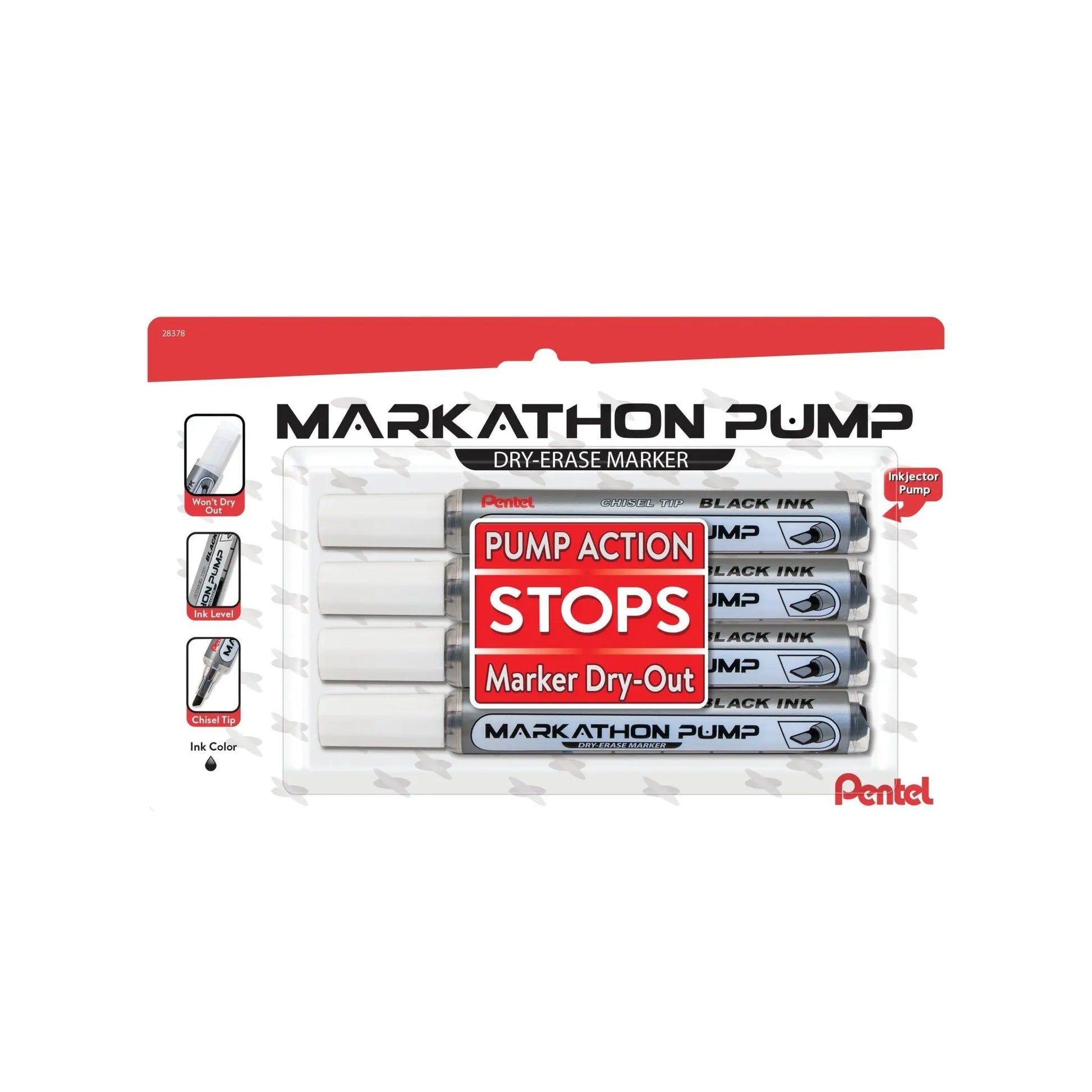 Markathon Pump Dry - Erase Marker, Black Ink, 4 - pk - Pentel of America, Ltd.