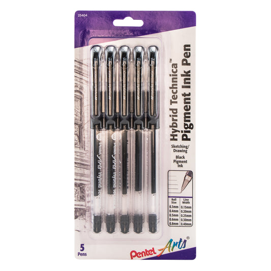 Pentel Arts Hybrid Technica (0.3/0.4/0.5/0.6/0.8mm) Gel Pen, Black Ink 5-Pk