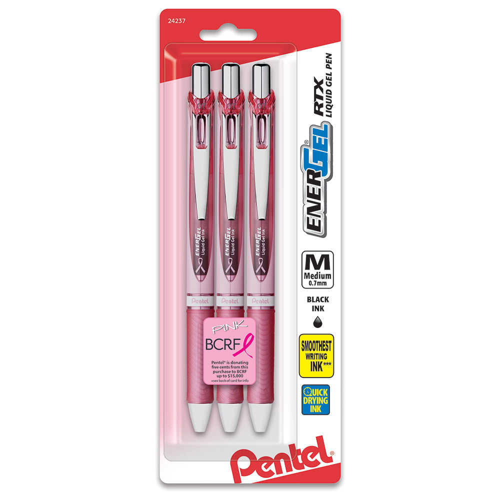 EnerGel RTX Refillable Gel Pens with Pink Ribbon, Black Ink 3-pk