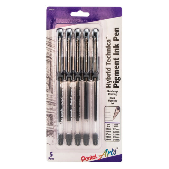 Pentel Arts Hybrid Technica (0.3/0.4/0.5/0.6/0.8mm) Gel Pen, Black Ink 5 - Pk - Pentel of America, Ltd.