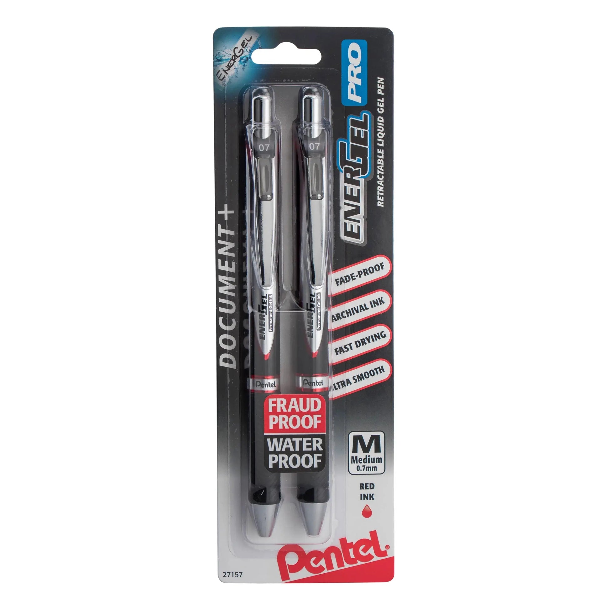 Two Pentel EnerGel PRO retractable gel pens with red ink and 0.7mm medium tips in retail packaging, featuring waterproof, fade-proof, and fast-drying ink qualities.