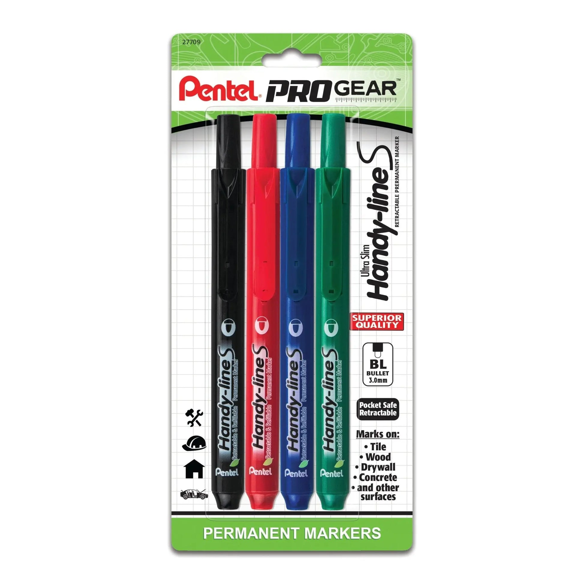 Pentel ProGear Handy - line S Permanent Marker - Assorted Ink 4 - pk - Pentel of America, Ltd.