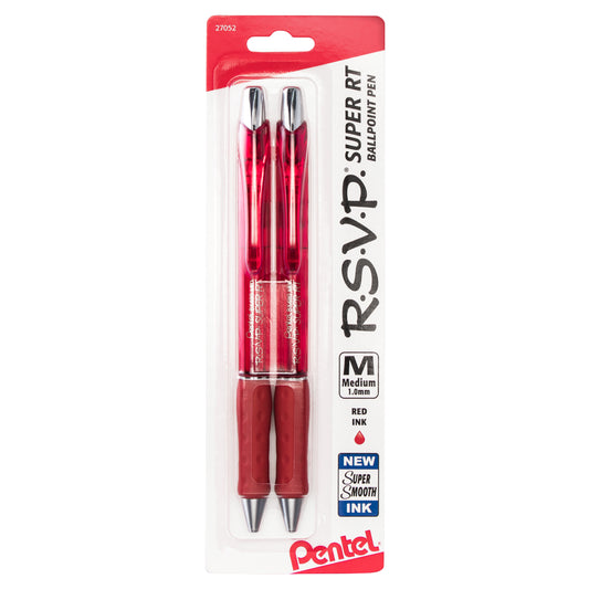 RSVP Super RT Ballpoint Pen, (1.0mm) Medium Line, Red Ink, 2-Pk