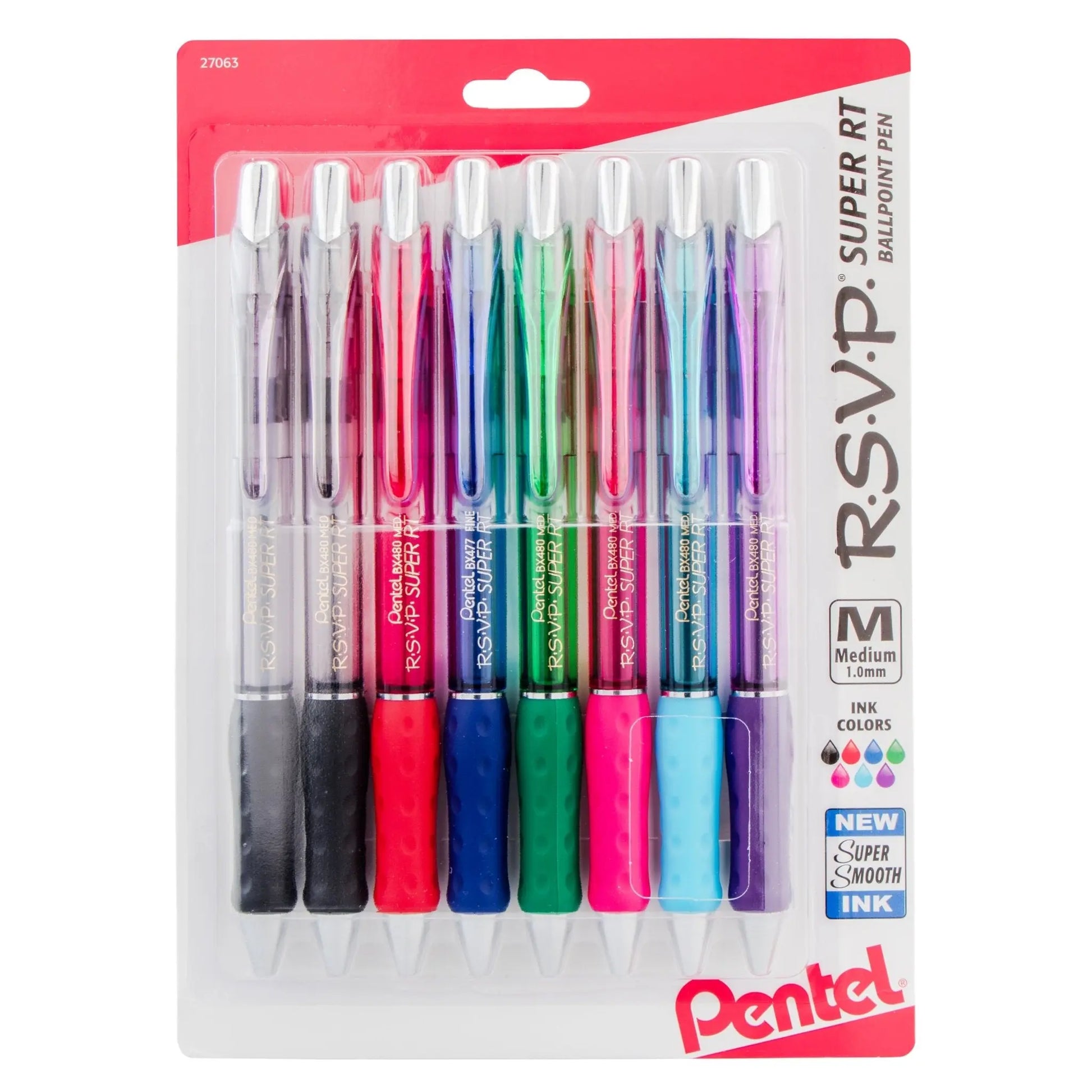 RSVP Super RT Ballpoint Pen, (1.0mm) Medium Line, Assorted Ink (2A/B/C/D/P/S/V), 8 - Pk - Pentel of America, Ltd.