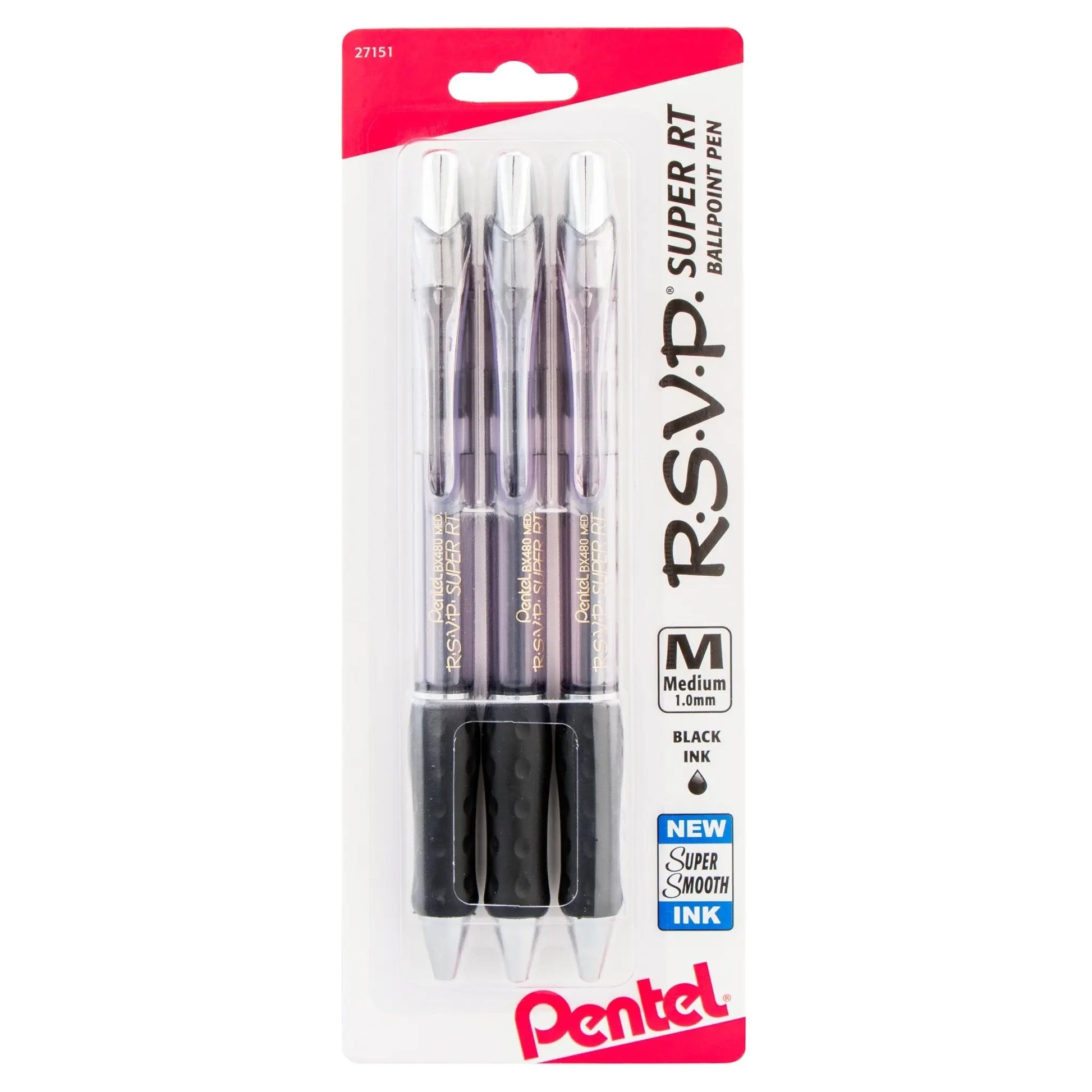 RSVP Super RT Ballpoint Pen, (1.0mm) Medium Line, Black Ink, 3 - Pk - Pentel of America, Ltd.