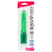 Two green medium point ballpoint pens with smooth ink performance packaged for writing and drawing tasks.