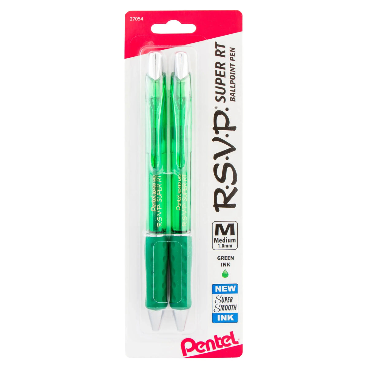 Two green medium point ballpoint pens with smooth ink performance packaged for writing and drawing tasks.