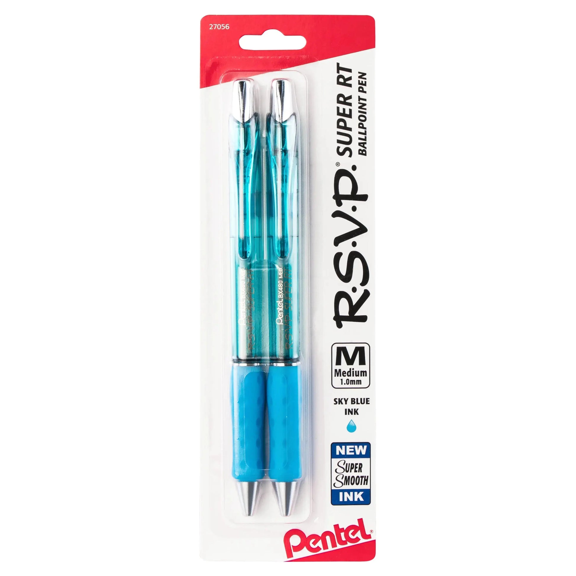 Two medium point ballpoint pens with sky blue ink, featuring a transparent blue barrel and comfortable grip, designed for premium smooth writing experience.