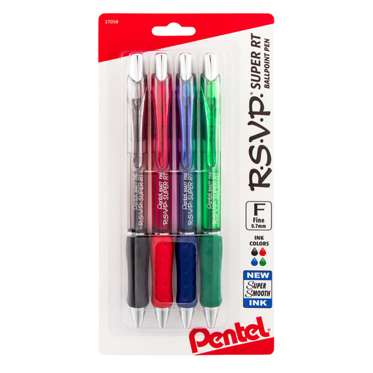RSVP Super RT Ballpoint Pen, (0.7mm) Fine Line, Assorted Ink (ABCD), 4-Pk