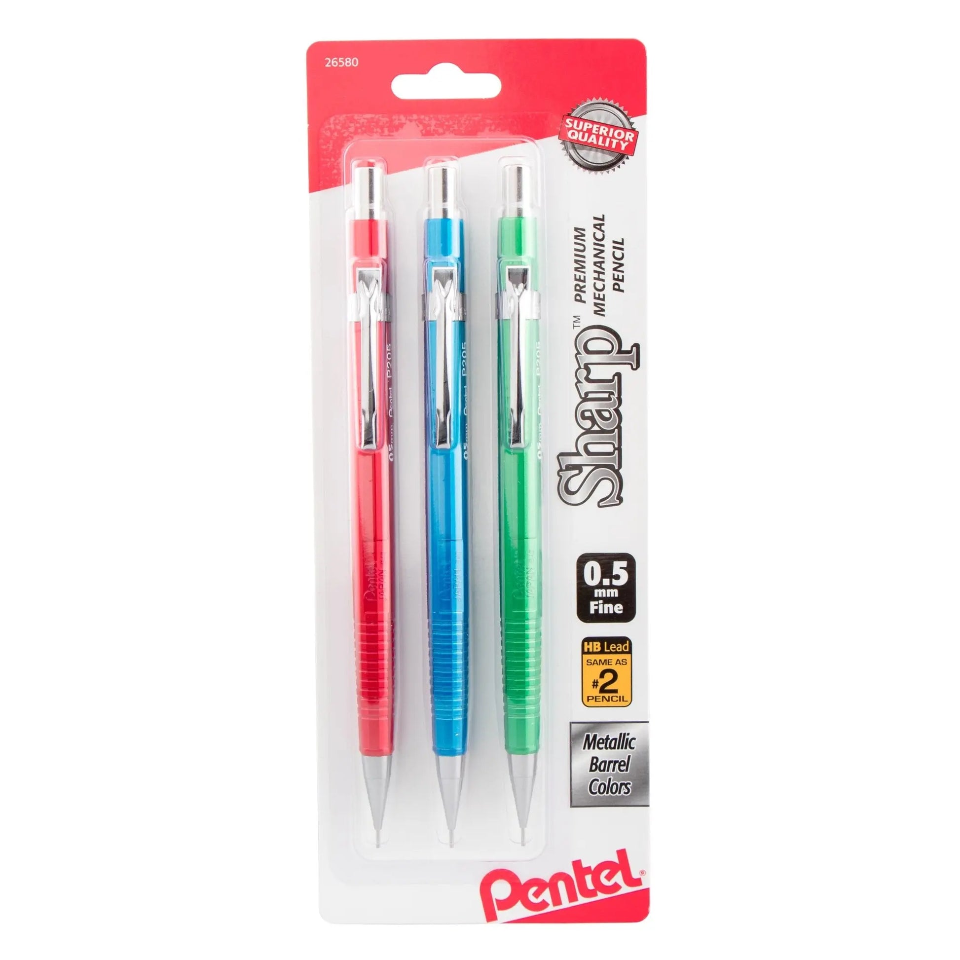 Sharp Mechanical Pencil, (0.5mm), Metallic Barrels, Assorted Colors (B/C/D), 3 - Pk - Pentel of America, Ltd.