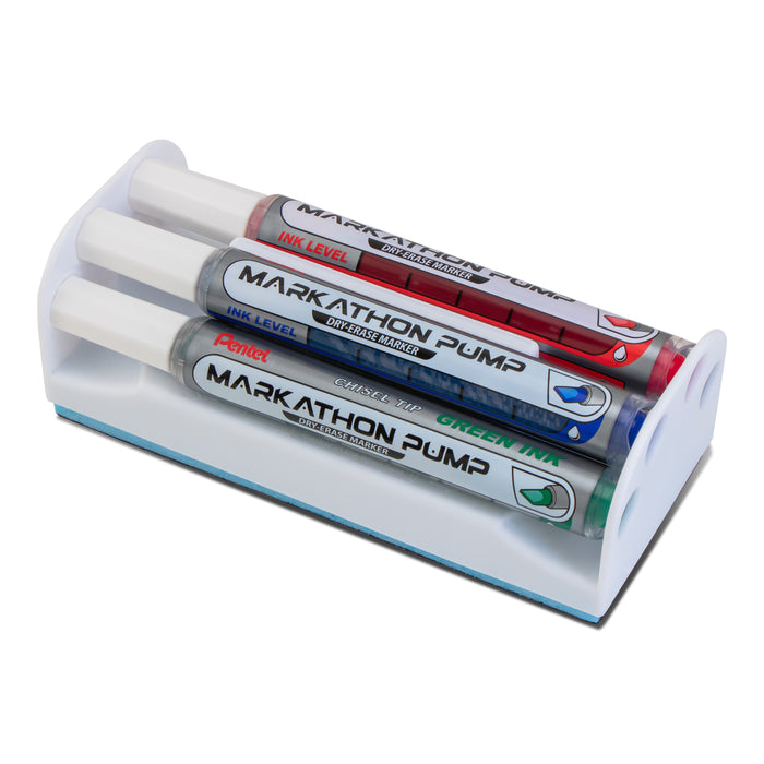 Markathon Pump Dry-Erase Marker, Assorted Ink, Eraser Caddy, 4-pk
