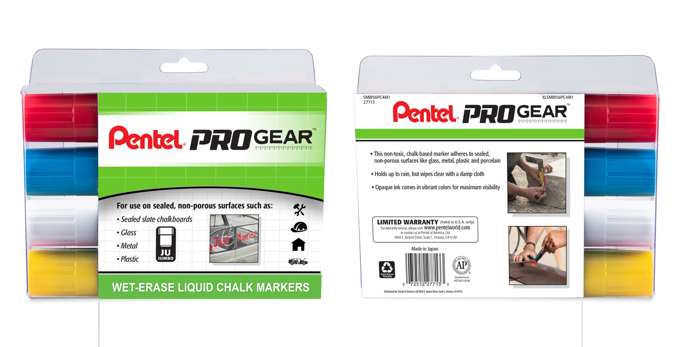 Pentel ProGear Wet Erase Chalk Marker - Assorted (B/C/W/Y) Jumbo Tip - 4-pk
