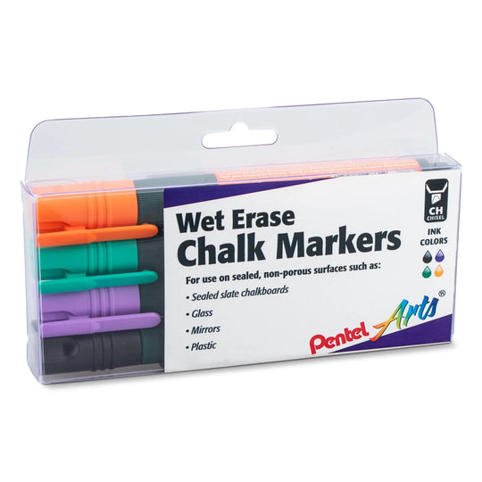Wet Erase Chalk Marker Set, Chisel Tip, Assorted (ADFV) 4 - Pk Plastic BOX - Pentel of America, Ltd.
