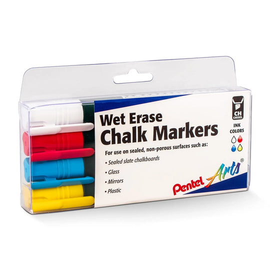 Wet Erase Chalk Marker Set, Chisel Tip, Assorted (WYCB) 4 - Pk Plastic BOX - Pentel of America, Ltd.