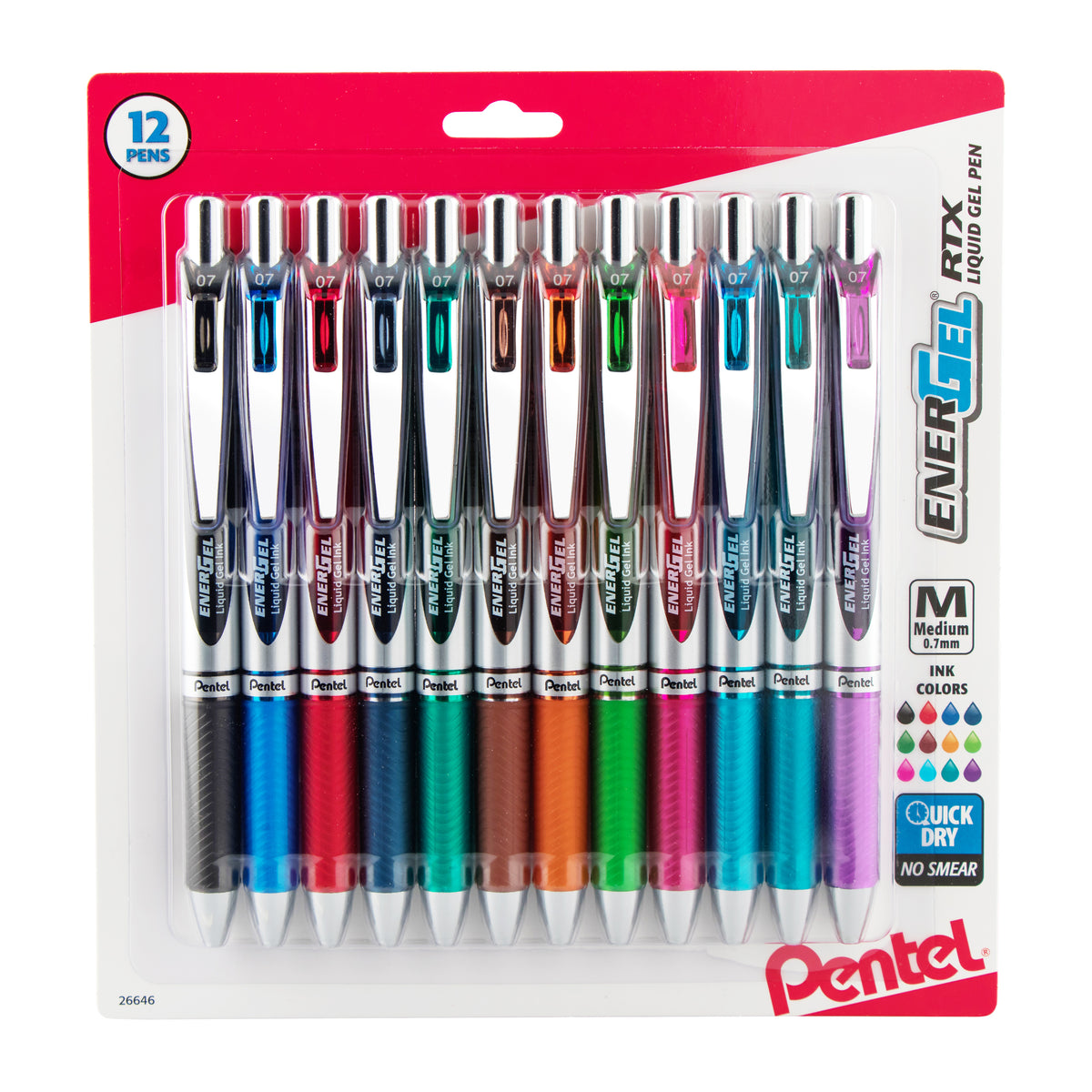 EnerGel RTX Refillable Liquid Gel Pen, (0.7mm) Assorted Ink 12pk